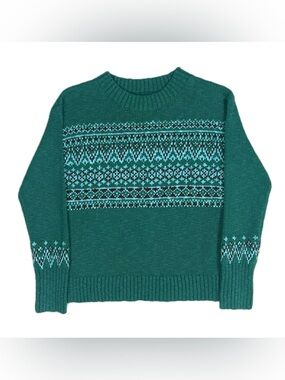 LL Bean 100% cotton teal green blue fair isle knit sweater women’s small petite